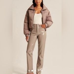 Abercrombie & Fitch 90s High Rise Straight Leather Pants Taupe